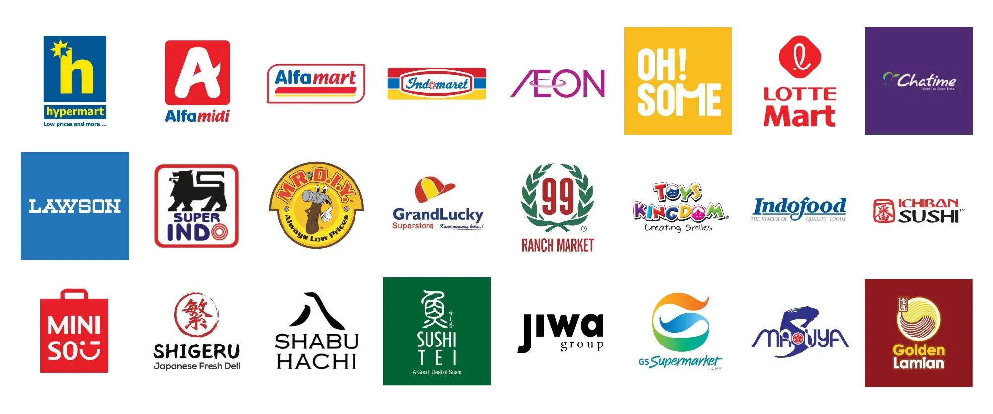 Logos of Norigo clients: supermarkets, minimarkets and restaurant chains
