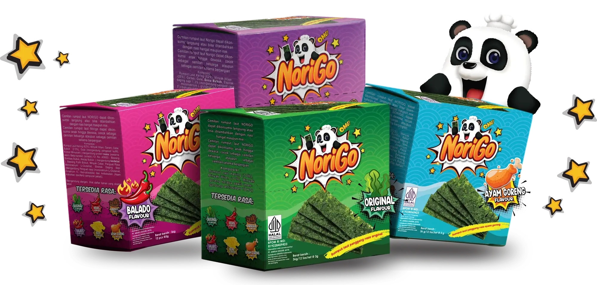 Norigo seaweed snack boxes: Balado, Original and Ayam Goreng flavours